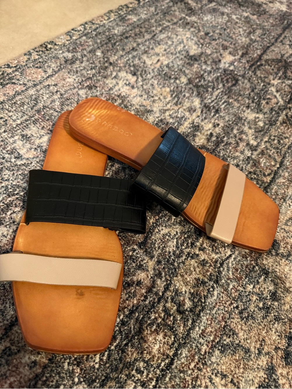 BAMBOO Two-Strap Black and Beige Slide Sandals
